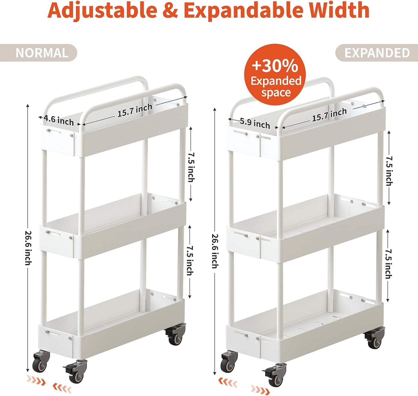 HOTEAGLE Three Tier Rolling Cart, Adjustable Width & High Adaptability | Metal Utility Storage Carts with Wheels, Ideal Storage Organizer for Livingroom, Kitchen and Bathroom