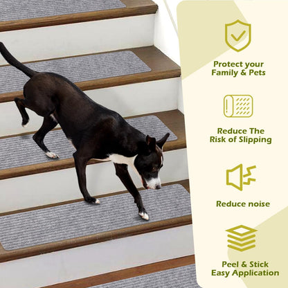 Stair Treads Non-Slip 16 Pack 8"x30" - Carpet Stair Runner for Indoor Wooden Steps with TPE Backing & Anti-Skid Surface, Reusable Adhesive Safety Rug for Kids/Elder/Pet-Friendly - Brown