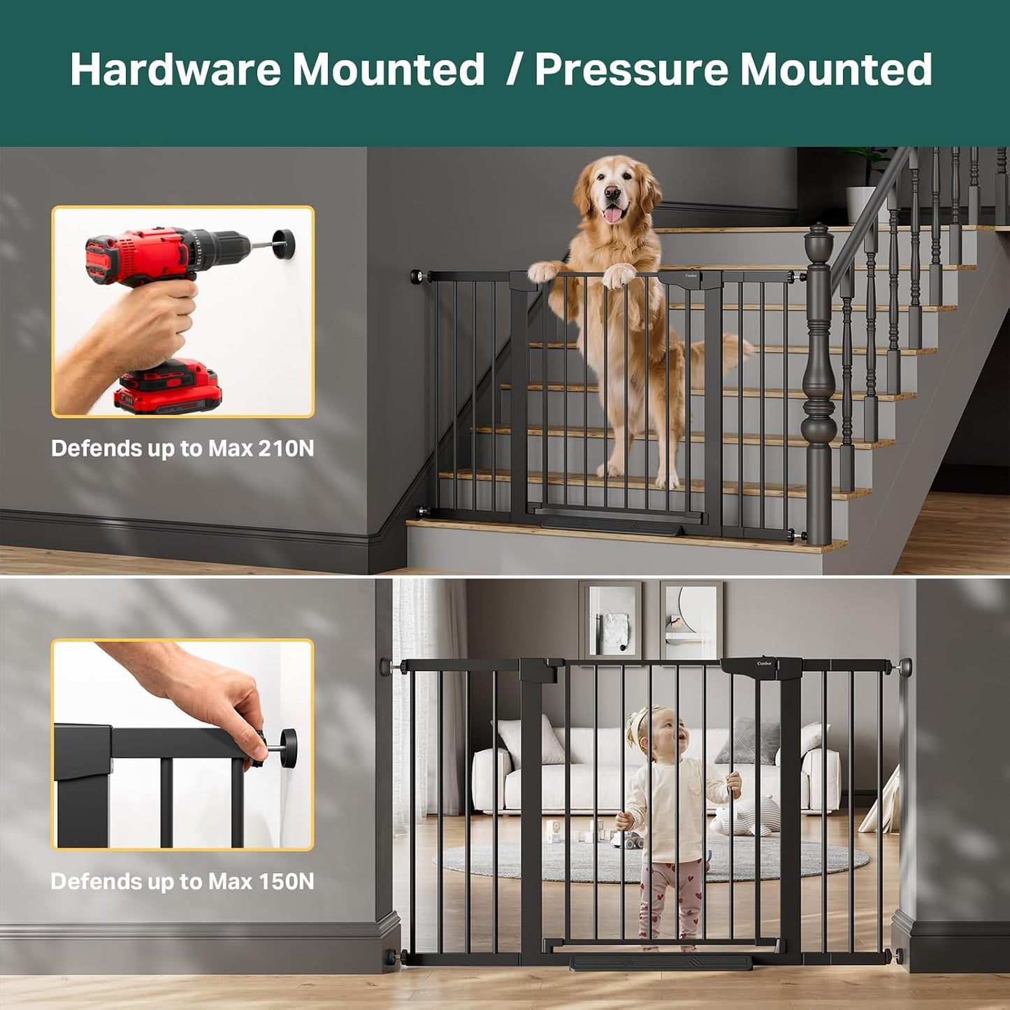 Cumbor 29.7-48" Baby Gate for Stairs, Mom's Choice Awards Winner-Dog Gate for Doorways, Auto Close Safety Pet Gate for Dogs Indoor, Easy Install Pressure Mounted Child Gate with Walk Thru Door, Brown