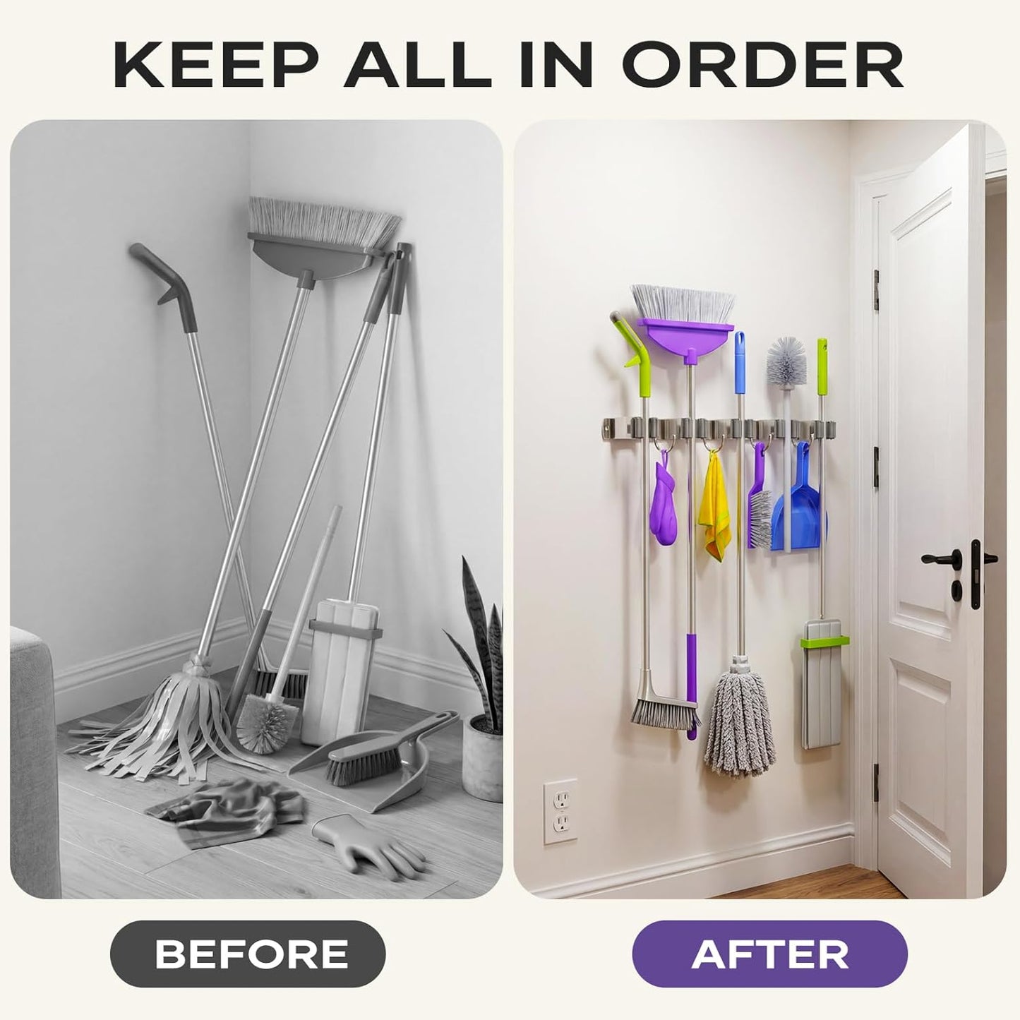 Broom Mop Holder Wall Mount, Heavy Duty Stainless Steel Mop Organizer with 5 Clamps and 4 Hooks, Wall Mounted Cleaning Tool Storage Rack for Home, Garage, Laundry Room and Garden