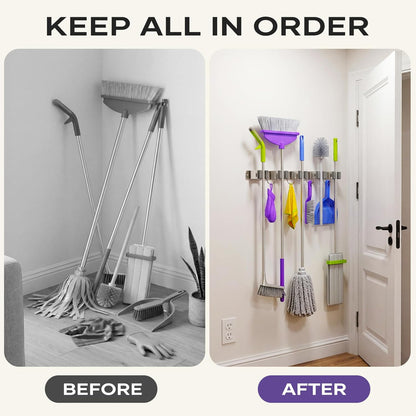 Broom Mop Holder Wall Mount, Heavy Duty Stainless Steel Mop Organizer with 5 Clamps and 4 Hooks, Wall Mounted Cleaning Tool Storage Rack for Home, Garage, Laundry Room and Garden