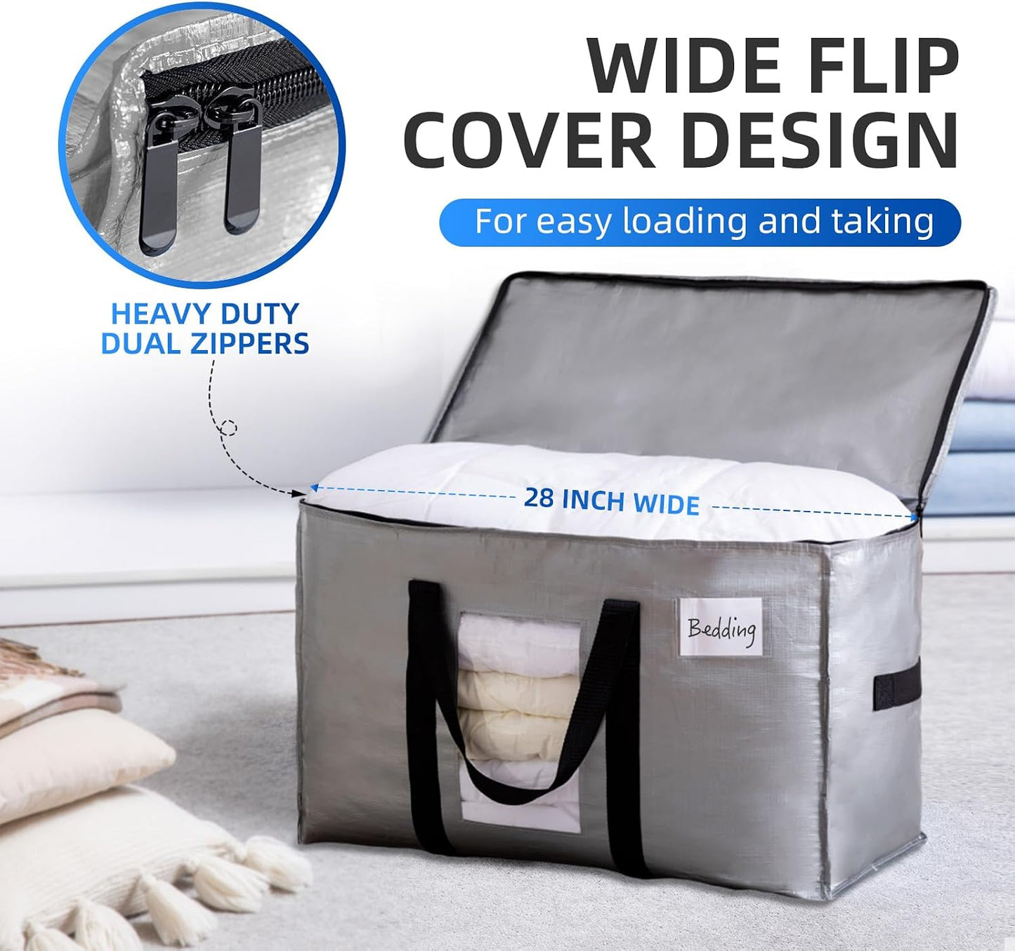 TAILI Extra Large Moving Bags, 4 Pack Blue Heavy Duty Totes For Storage with Visible Window, Wrap Around Handles, Storage Bags for Space Saving, Alternative to Moving Boxes