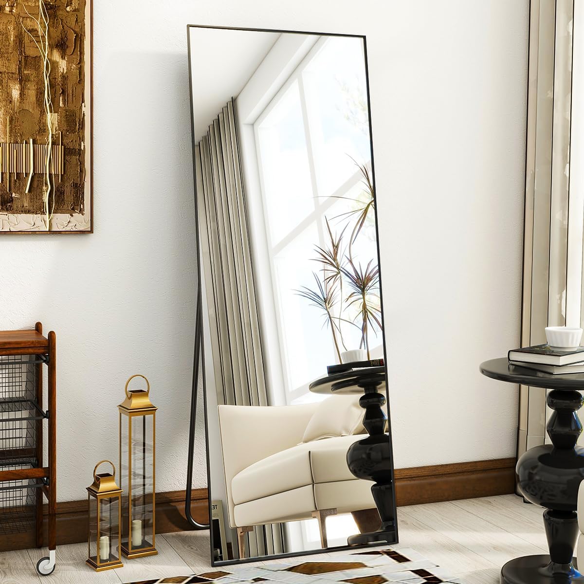 VooBang Mirror Full Length - 21" x 57" Floor Mirror with Stand, Aluminum Alloy Frame Full Body Mirror, Standing Hanging or Leaning Against Wall for Bedroom and Living Room, Black