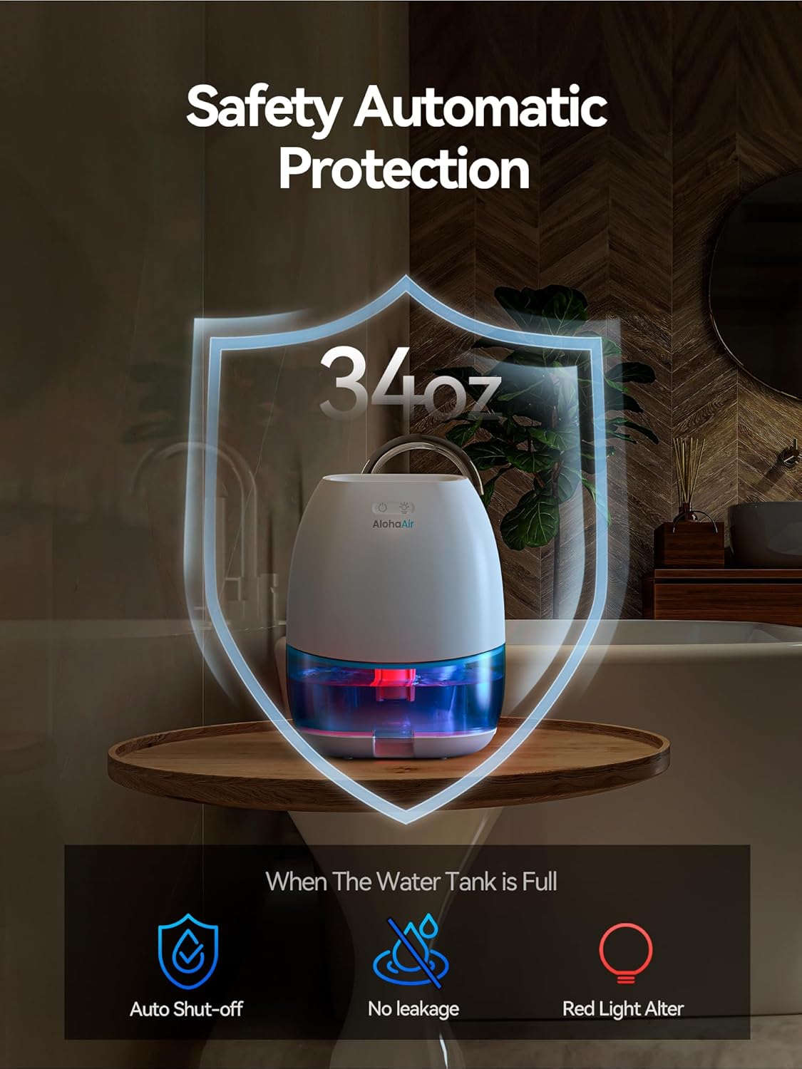 AlohaAir Dehumidifiers for Home, 34 oz Small Dehumidifier for Room, Quiet Dehumidifiers for Bathroom, Bedroom, RV, Closet with Auto Shut Off, 7 Colors Night Light
