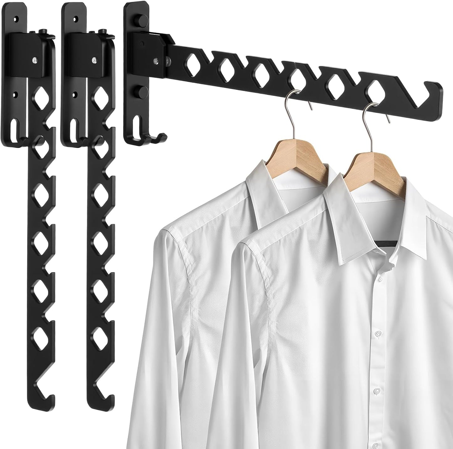Wall Mounted Clothes Hanger Rack, Heavy Duty Folding Garment Hooks with Swing Arm, Space Saving Laundry Drying Organizer for Bathroom Bedroom, Black 3-Pack