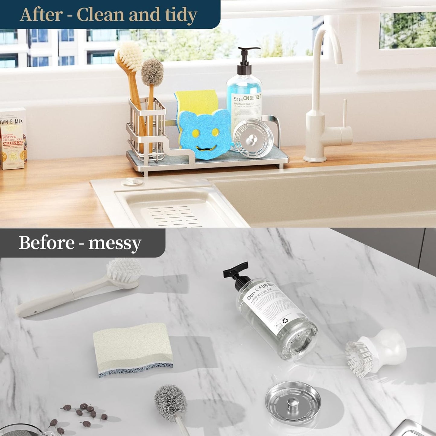 Consumest Sponge Holder for Kitchen Sink - Sink Caddy Organizer with Water Absorbing Stone Tray, Detachable Brush Holder, Stainless Steel Kitchen Counter Organizer Rack, Black