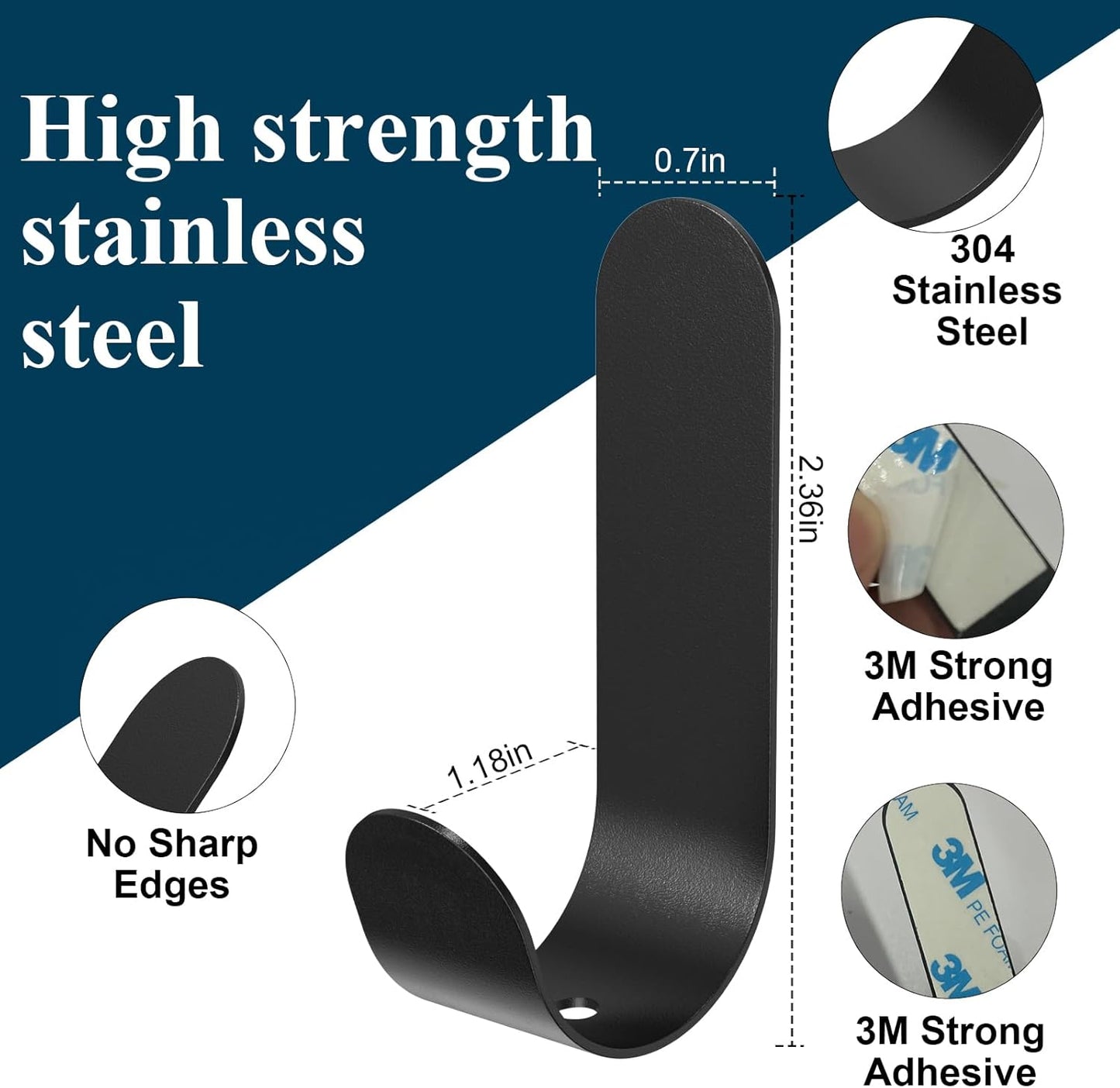 ATDOALL Adhesive Towel Hooks, 20 PCS Stainless Steel Self Adhesive Wall Hooks, Black Heavy Duty Shower Hook, Waterproof Oilproof Rustproof for Bathroom, Kitchen, Living Room