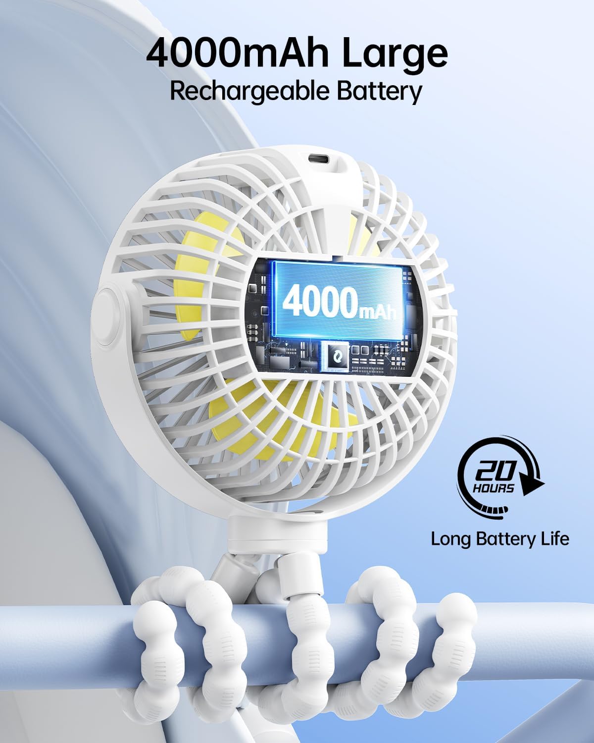 SWEETFULL [2026 Upgrade Portable Stroller Fan with LED Display, 4 Speed Rechargeable Mini Clip On Fan, 360° Rotate Flexible Tripod Better Cooling Small Baby Fan for Car Seat Crib Travel Treadmill