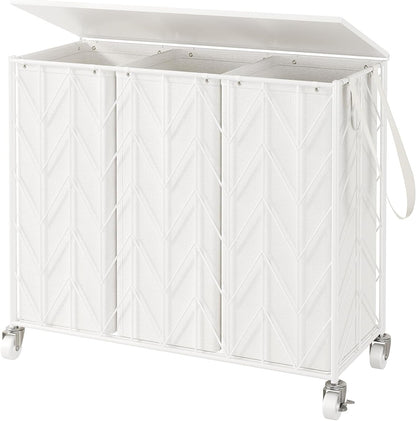 WOWLIVE Laundry Basket with Wheels, 142L Laundry Hamper 3 Section with Lid, Dirty Clothes Hamper with Removable Bags, Large Capacity Iron-Made Laundry Basket Organizer Laundry Sorter for Dorm, White