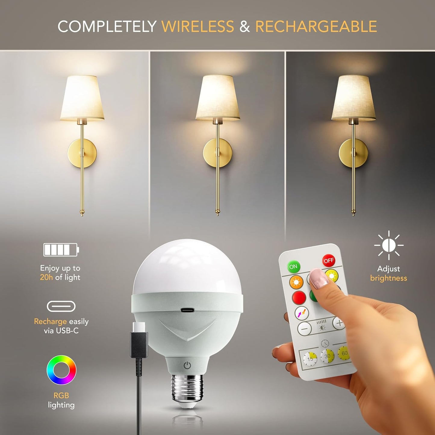 PRIDOLA Set of 2 Wireless Wall Sconces – Stick-On or Screw Mount - Rechargeable LED Bulbs, Remote Controlled, Adjustable Brightness & Warmth, Easy Installation, Living Room Wall Decor (Gold)