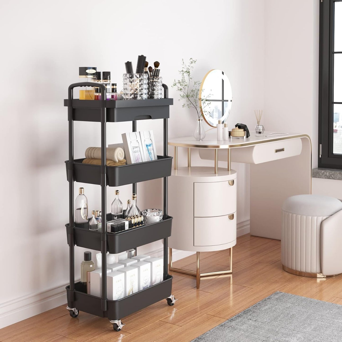 Calmootey 3-Tier Rolling Utility Cart with Drawer,Multifunctional Storage Organizer with Plastic Shelf & Metal Wheels,Storage Cart for Kitchen,Bathroom,Living Room,Office,White