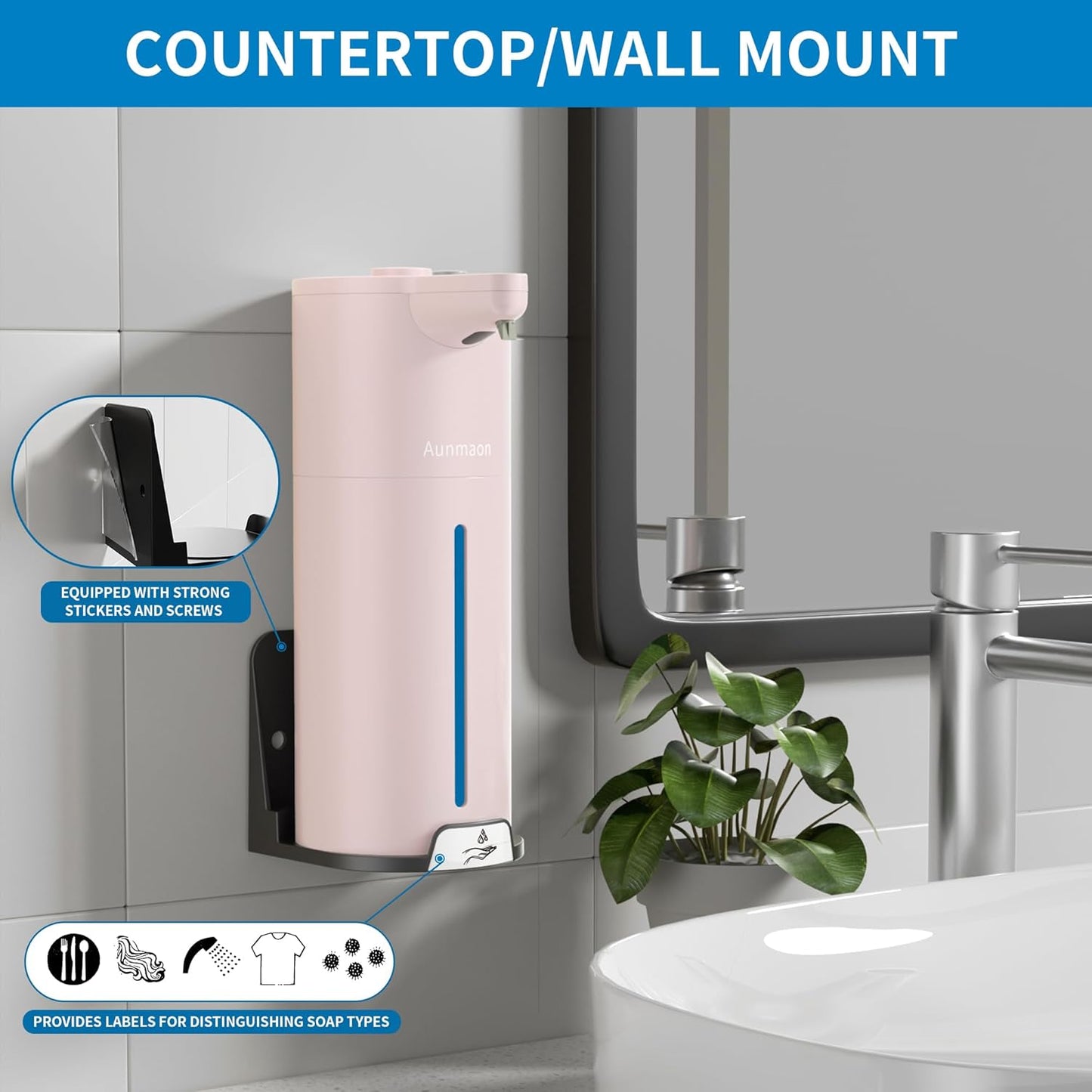 Aunmaon Automatic Soap Dispenser Touchless, Hands-Free, Multi Adjustable Volume, Long Battery Life, Compatible with Thick & Thin Dish/Hand Soap for Bathroom and Kitchen, Easy for Toddlers, Black