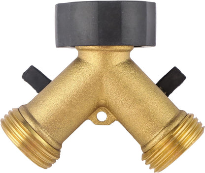 Garden Hose Splitter 2 Way Heavy Duty, Brass Faucet Adapter With Rubber Grip Handle For Gardening Water Hose Shut Off Valve Hose Connector Fittings Outdoor Water Spigot Hose Bib Y Splitter