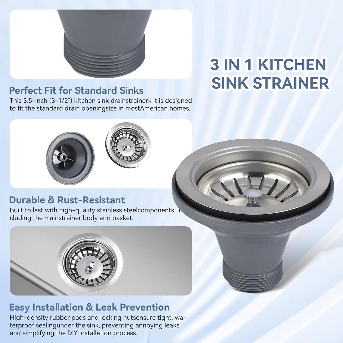 Premium 316 Stainless Steel Kitchen Sink Drain Assembly - 4.5" Strainer & Stopper with Deep Removable Basket, Adjustable Sliding Flange -cUPC Certified