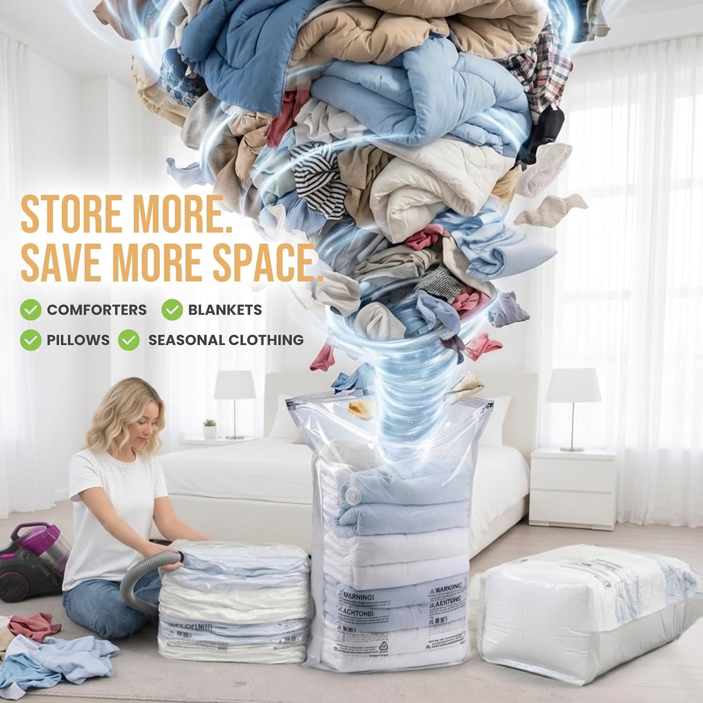TAILI Vacuum Storage Bags 4 Pack, Jumbo Cube (31x40x15 Inch), Extra Large Vacuum Seal Bags for Clothing, Comforters, Blankets, Pillow, Bedding, Sweater, No Pump Compression Cube, Cream