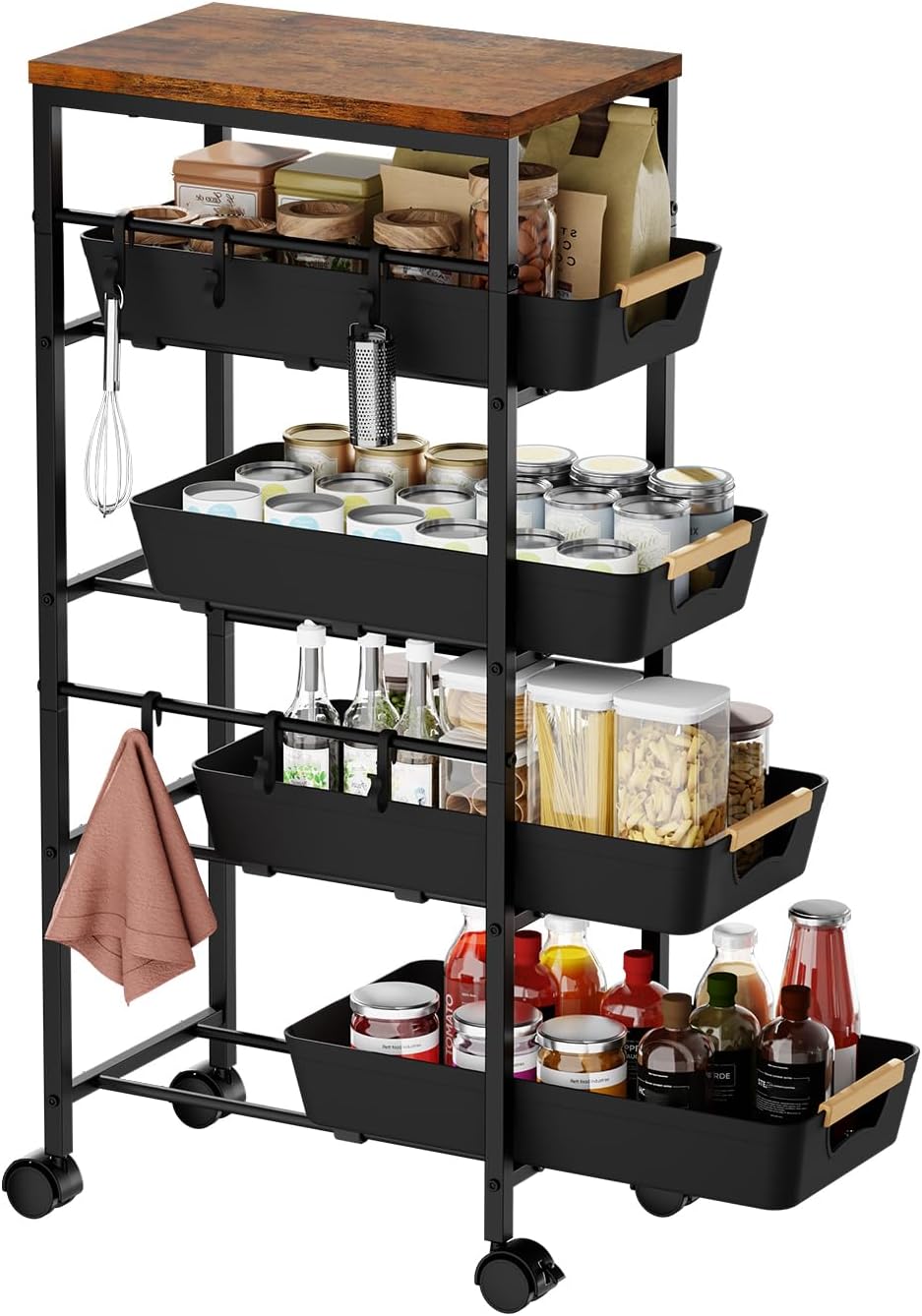 5-Tier Slim Storage Cart, Wooden Top Rolling Kitchen Cart with Pull-Out Baskets & Wheels, Narrow Space Utility Cart Slide Out Organizer for Kitchen, Bathroom, Laundry Room, White