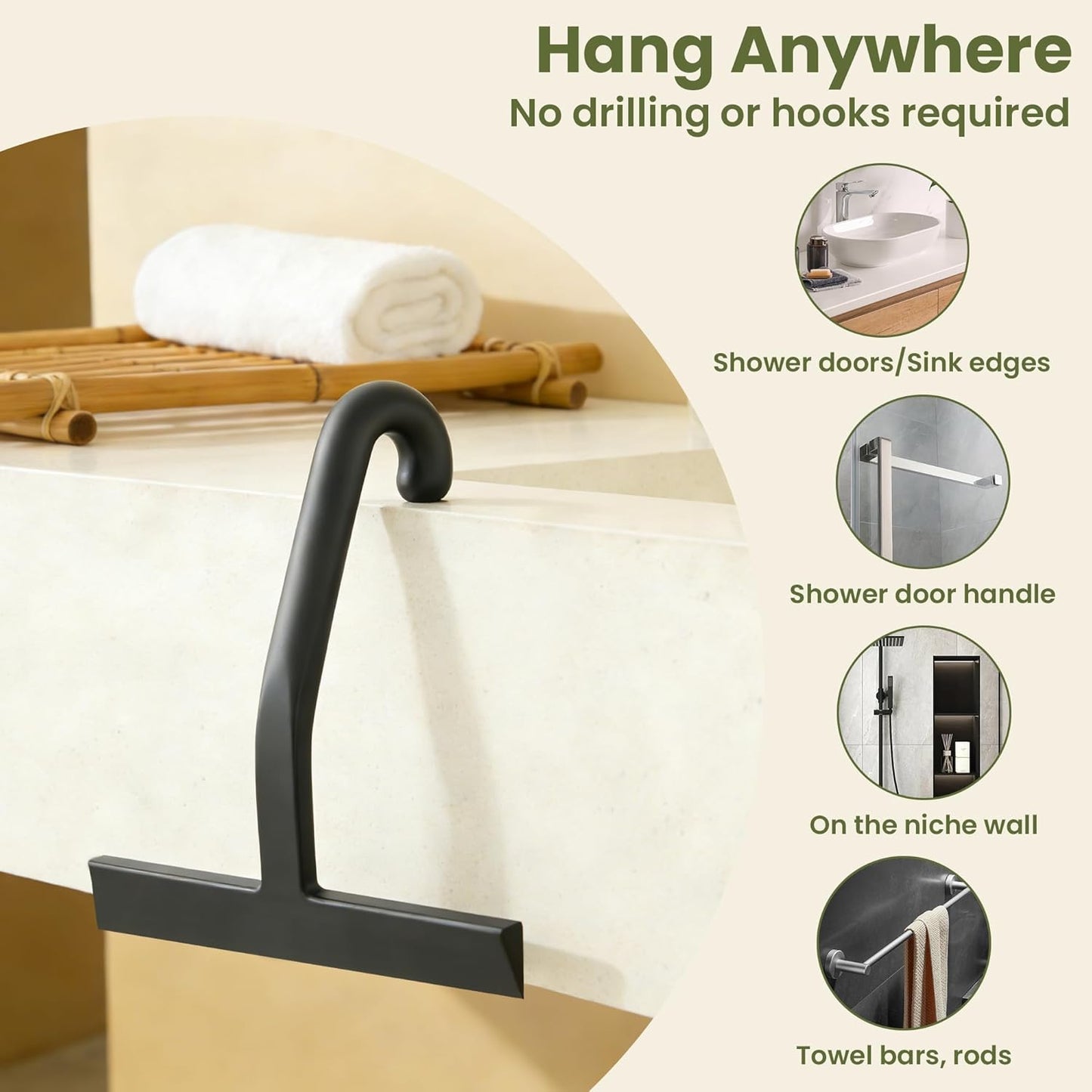 Shower Squeegee for Glass Doors - 10 Inch Ergonomic Round Grip, All-in-One Silicone Design with Built-in Hook Design for Easy Hanging, Efficient for Bathroom, Tile Wall, Car