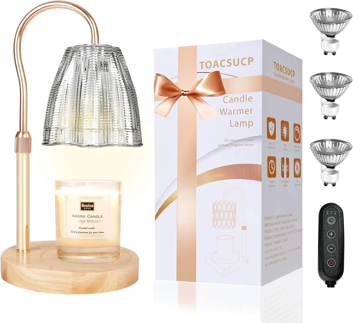 Candle Warmer Lamp with 3 Bulbs, Adjustable Height Dimmable Candle Warmer with Timer, Candle Lamp with Charming Gift Box Ribbon,Birthday Gifts for Women Mom, House Warming Gifts New Home Decor