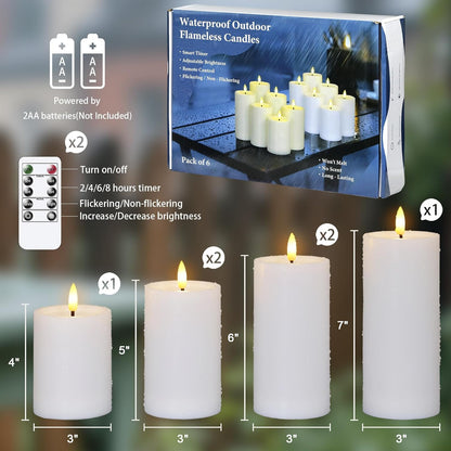 Yeelida Outdoor 4pcs Flameless Waterproof Candles with Handy Remote Control, Cycle Timer Battery Operated Candle Grease Effect LED Flickering Pillar Plastic Long Lasting (White, 3" x4" 5" 6" 7")