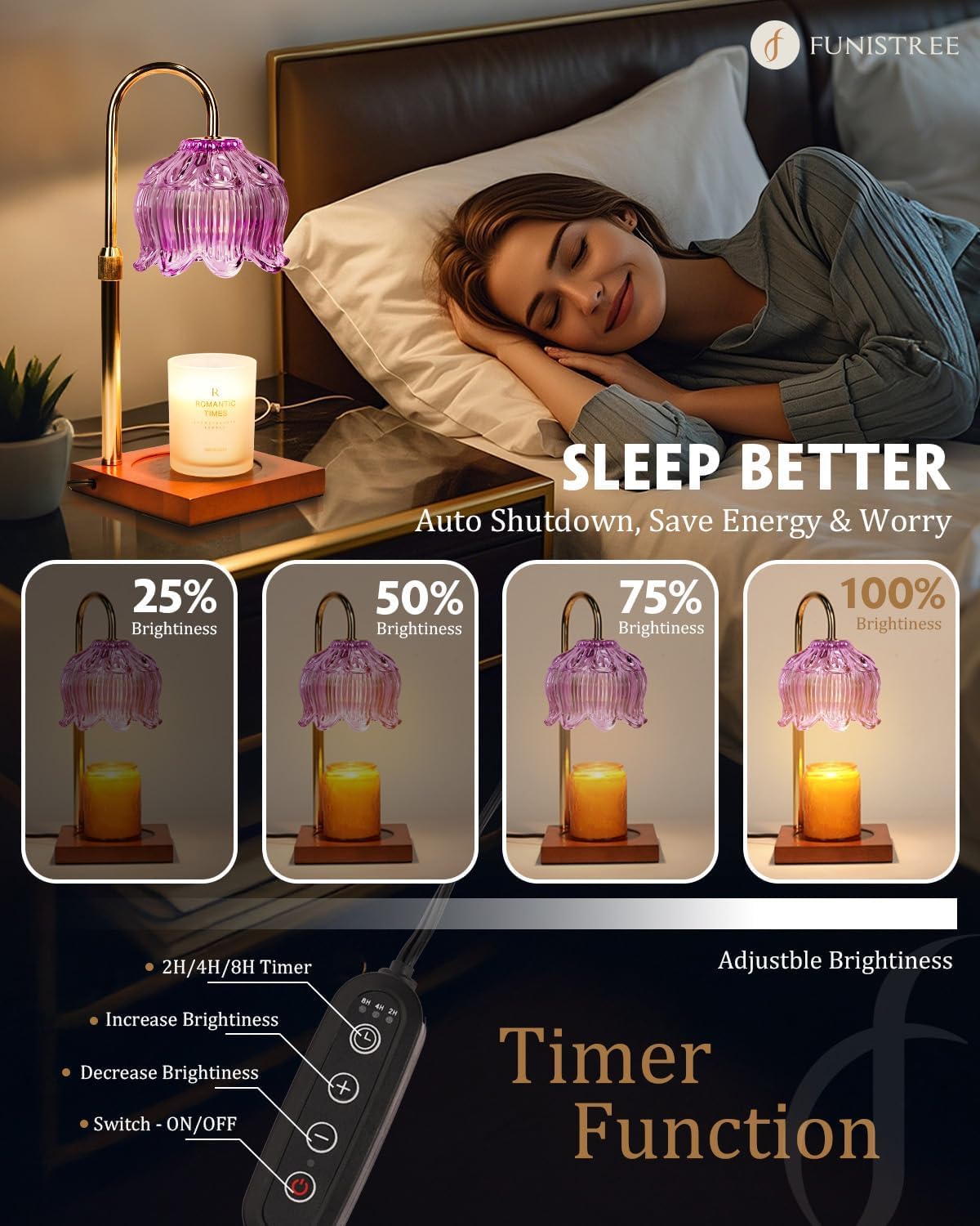 Funistree Flower Candle Warmer Lamp with Timer & Dimmer, Adjustable Height Candle Warmer, Christmas Birthday Gifts for Women Mom, House Warming New Home Decor, Wax Warmer with 2 Bulbs for Jar Candles