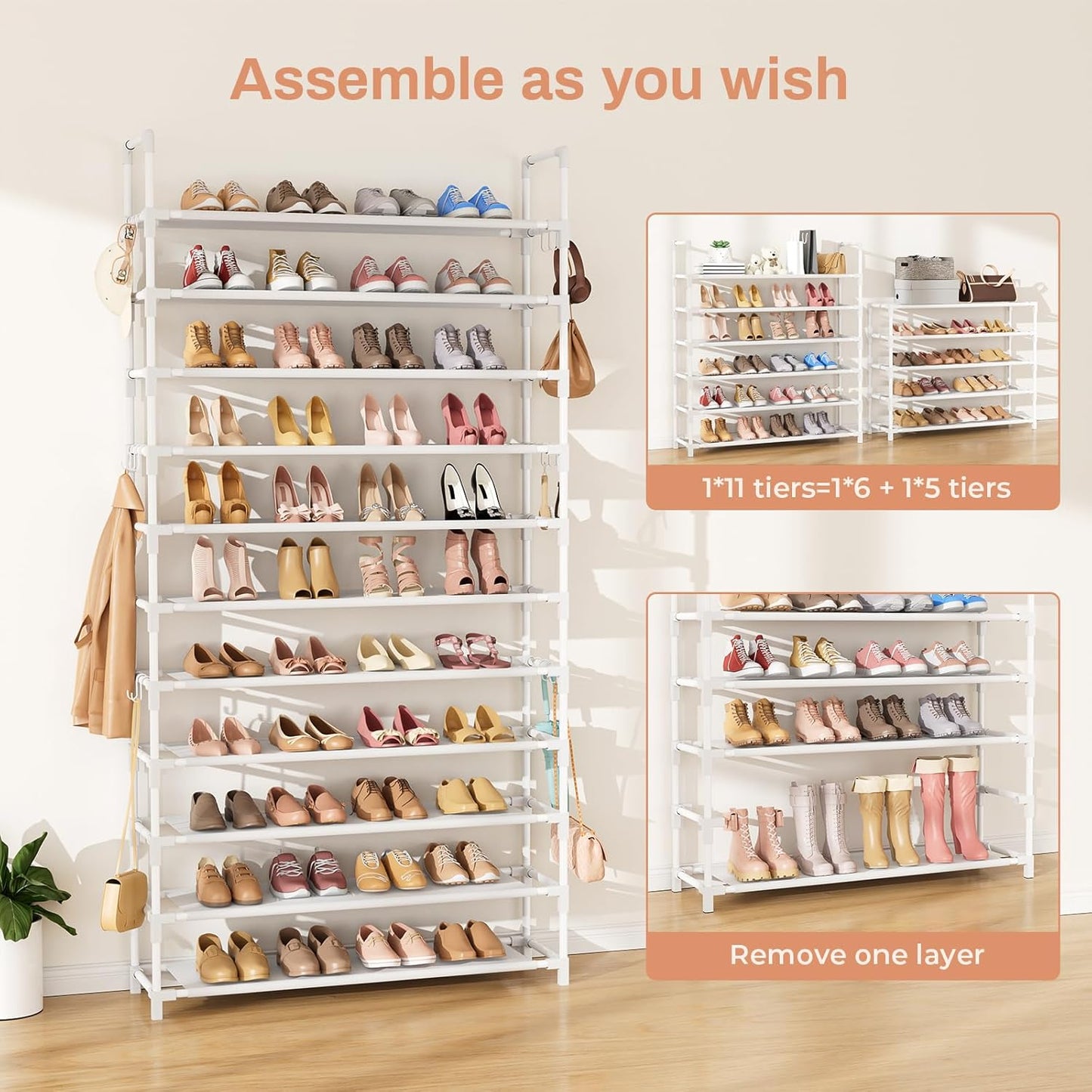 LANTEFUL 10 Tiers Shoe Rack 50 Pairs Large Capacity Tall Shoe Organizer Sturdy Shoe Storage with Two Hooks Space Saving Metal Wide Shoe Rack for Closet, Entryway, Bedroom, Black