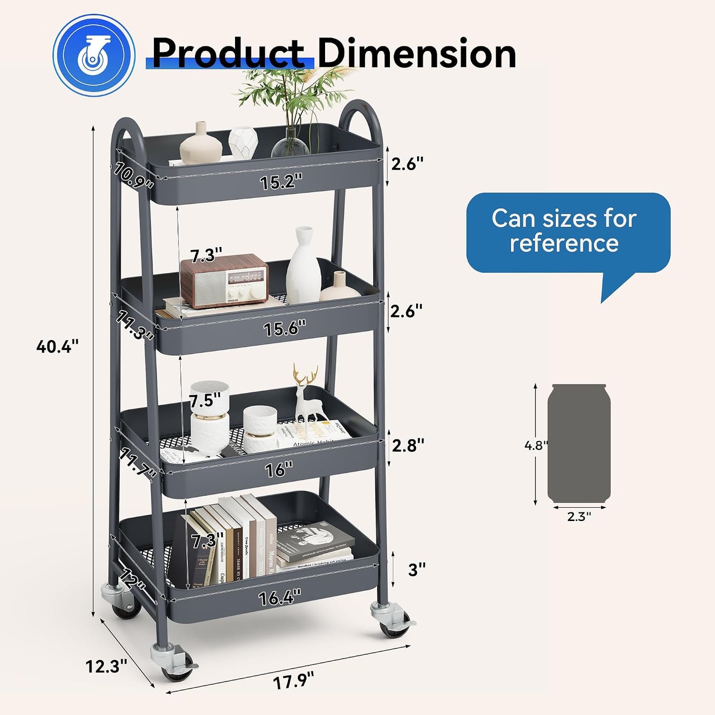 OLIXIS Metal 4 Tiers Utility Rolling Cart, Mobile Storage Shelf with Lockable Caster Wheels, Organization for Livingroom, Bathroom, Kitchen, & Narrow Places, 4-Tier Green