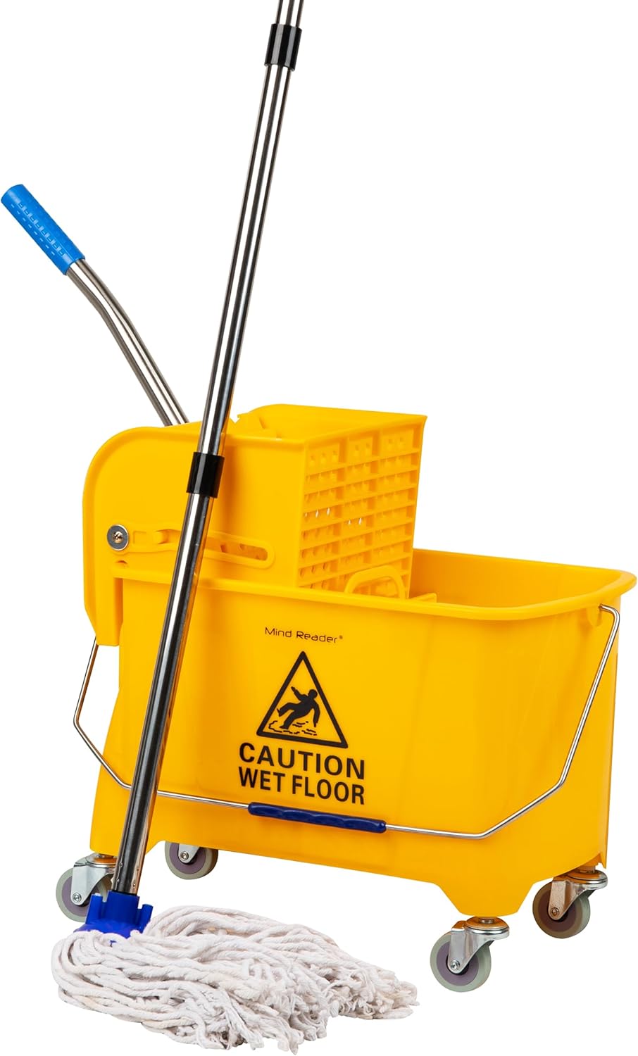 Mind Reader Mop Bucket with Wringer (Mop Not Included), 5.5 Gallon Cleaning Bucket with Wheels and Handle, Upward Press Wringer, Small Mop Compatible, Yellow
