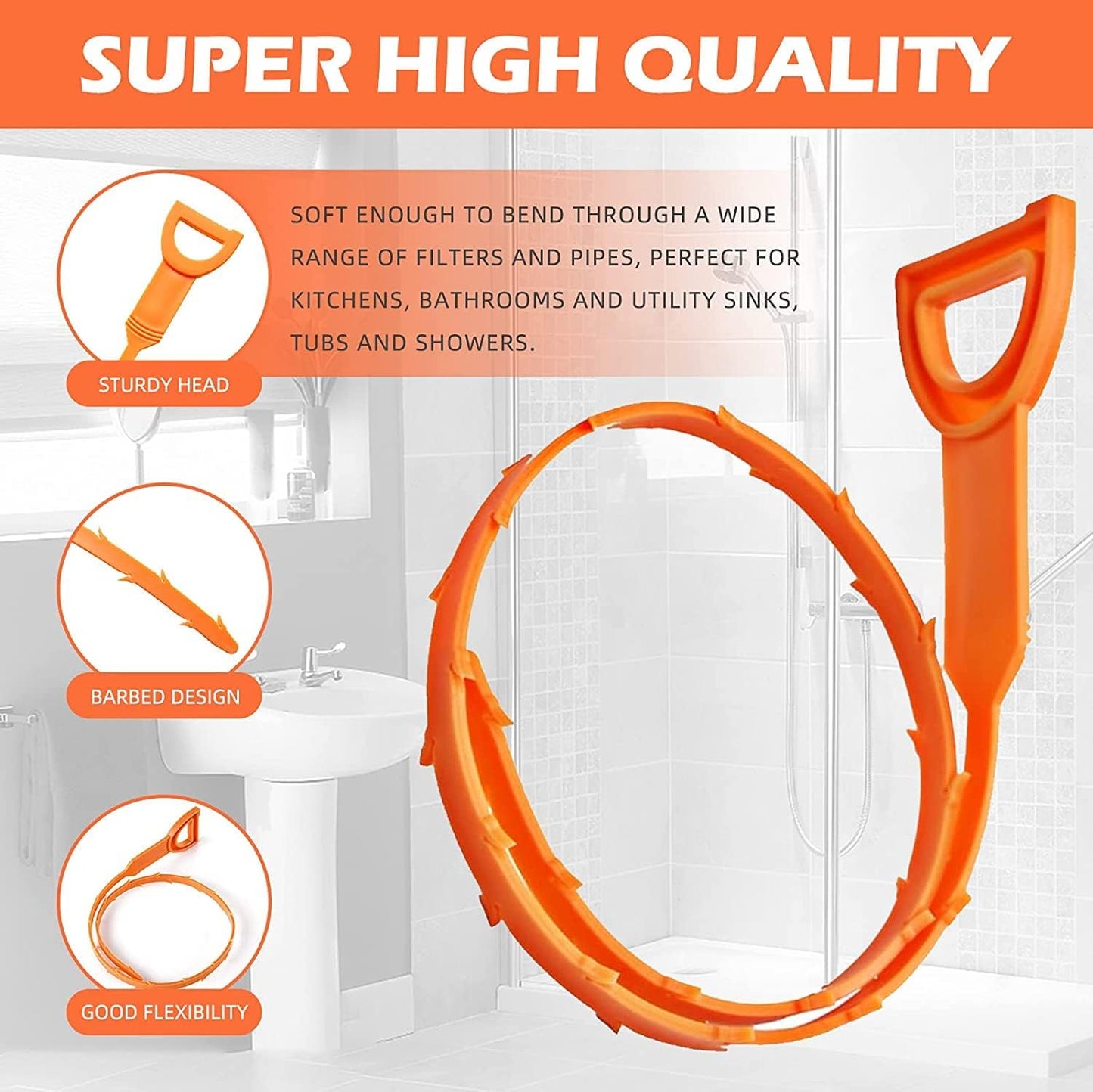 5 Pack 25inch Drain clog remover, Snake Drain Cleaner Hair Clog Remover tool, Shower kitchen sinks and bathtubs, sink snake, hair toilets sewer pipe cleaning tools.