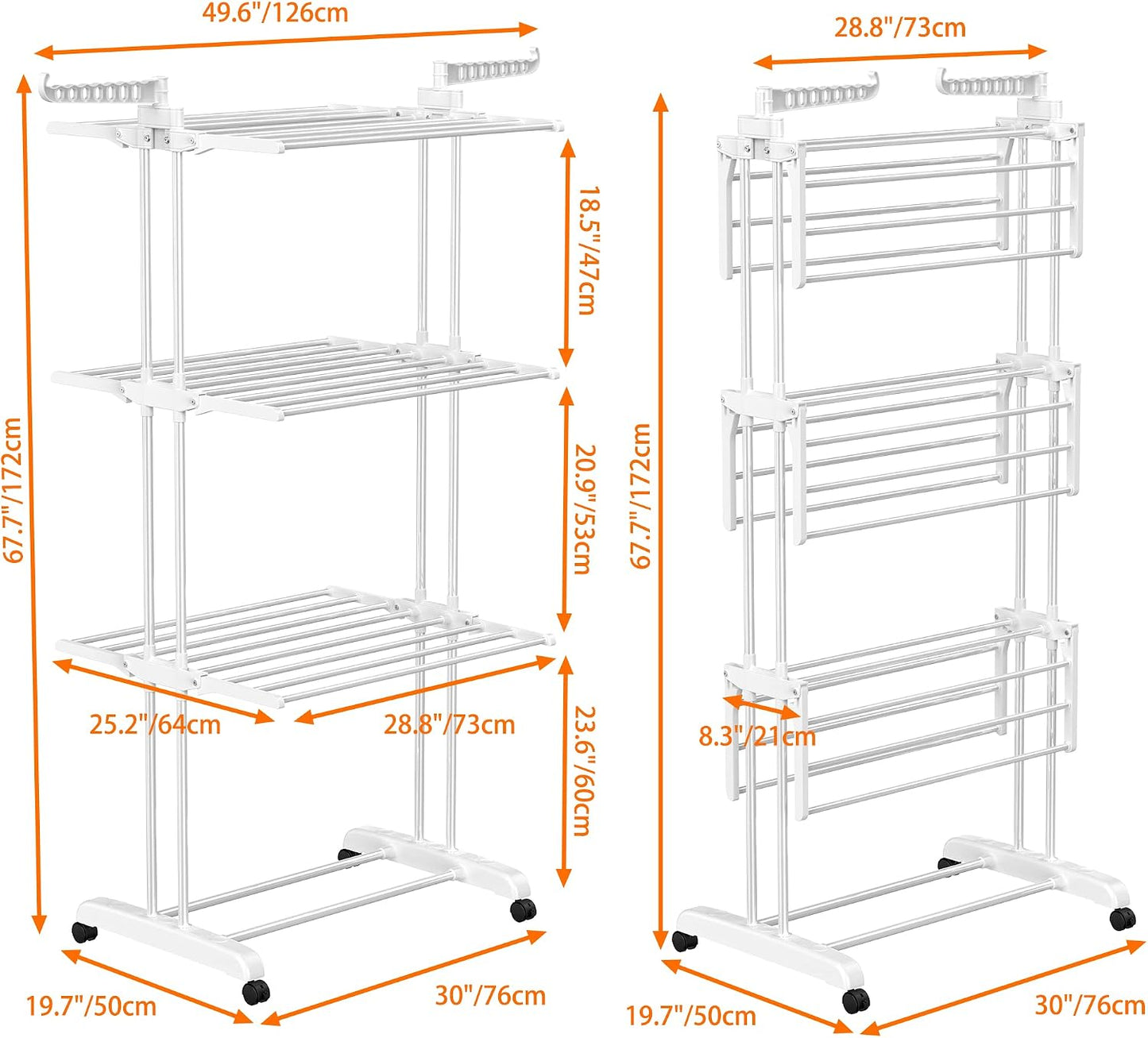 HOMIDEC Clothes Drying Rack, Oversized 4-Tier(67.7" High) Foldable Stainless Steel Drying Rack Clothing, Movable Drying Rack with 4 castors, 24 Drying Poles and 14 Hooks for Bed Linen, Clothing, Grey