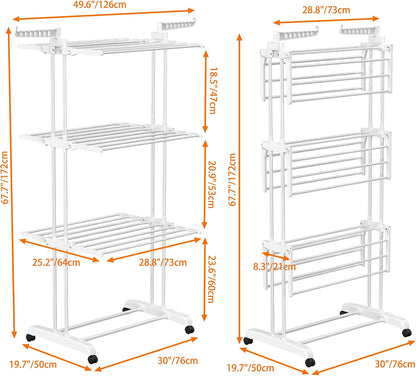 HOMIDEC Clothes Drying Rack, Oversized 4-Tier(67.7" High) Foldable Stainless Steel Drying Rack Clothing, Movable Drying Rack with 4 castors, 24 Drying Poles and 14 Hooks for Bed Linen, Clothing, Grey