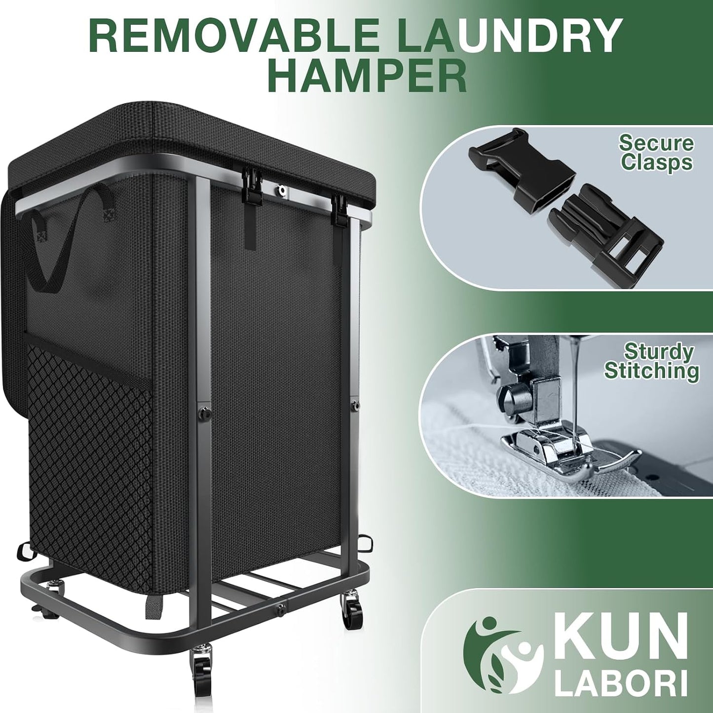 60 Gal(230L) Laundry Basket with Lid, Rolling Laundry Hamper with Wheels, Dirty Clothes Hamper with Metal Frame and Removable Bag Design, Suitable for Laundry Room, Bedroom (Black, 3 Section 230L)