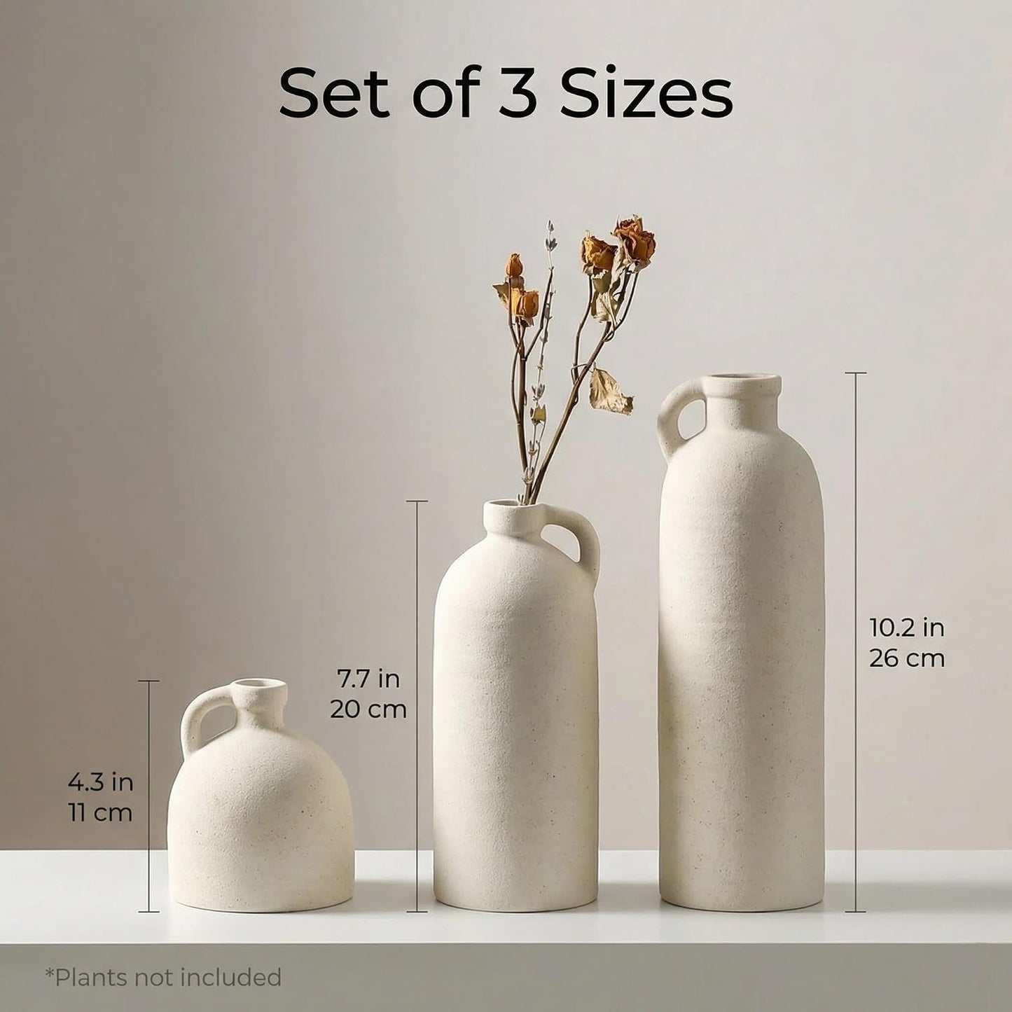Ceramic Vase Set of 3 with Handles, Green White Neutral Rustic Modern Farmhouse Boho Decor, Versatile as Table Centerpiece or Mantel & Shelf Accent - Unique Home Gift Idea
