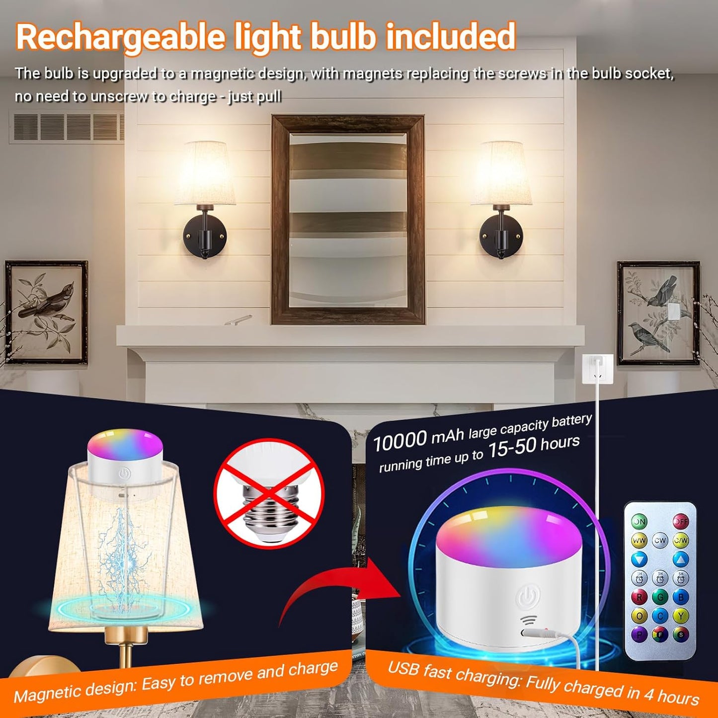 Wall Sconce Battery Operated Wall Light Fixure with Remote Control, Dimmable Battery Operated Wall Sconces Set Of Two, Indoor Wireless Wall Mounted Lamp with Rechargable Bulb For Bedroom Living Room (