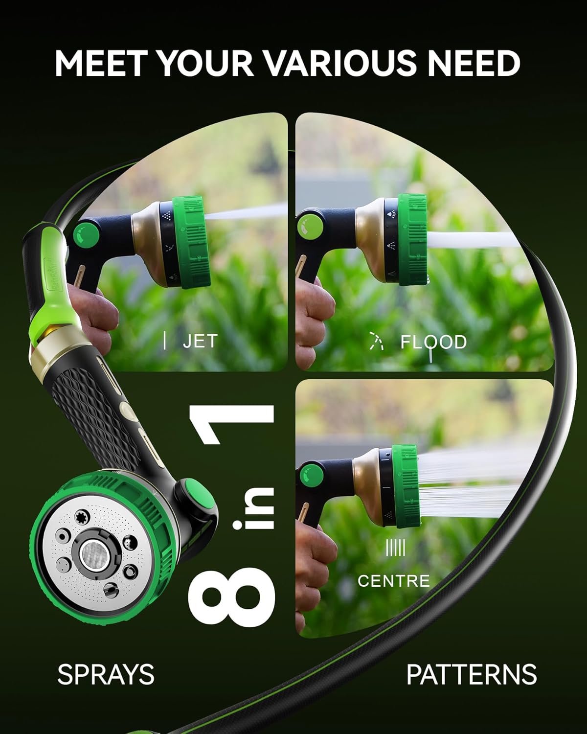 RAINPOINT Hose Sprayer Nozzle Heavy Duty - 8 Spray Patterns Garden Hose Nozzle with Adjustable Flow Control for Watering Plants, Washing Cars,Washing Pets, Thumb Control (Green)