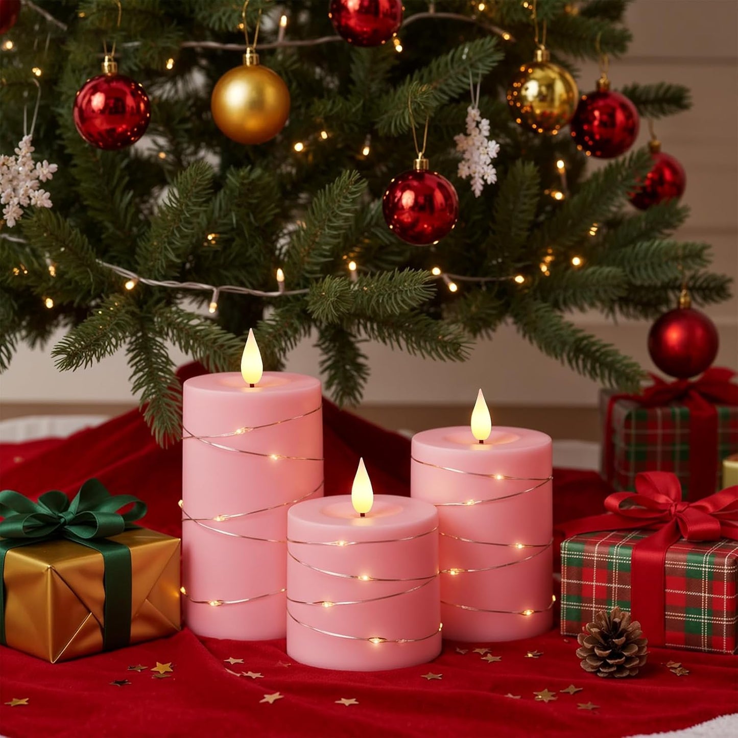 Raycare Flameless Candles with Remote Timer, Flickering Battery Operated LED Pillar Fake Candle with String Lights for Home Decor, Christmas, Wedding and Gift, White, Set of 3