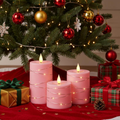Raycare Flameless Candles with Remote Timer, Flickering Battery Operated LED Pillar Fake Candle with String Lights for Home Decor, Christmas, Wedding and Gift, White, Set of 3