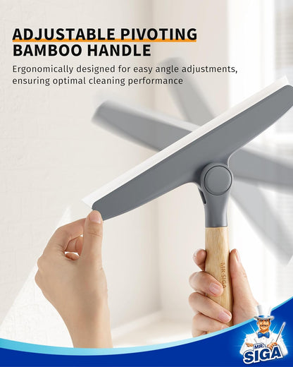 MR.SIGA All Purpose Silicone Squeegee for Shower Door, Mirror, Glass, Streak Free Shower Squeegee, Pivoting Bamboo Handle, Includes 1 Suction Hook, 10 inch Wide, 1 Pack