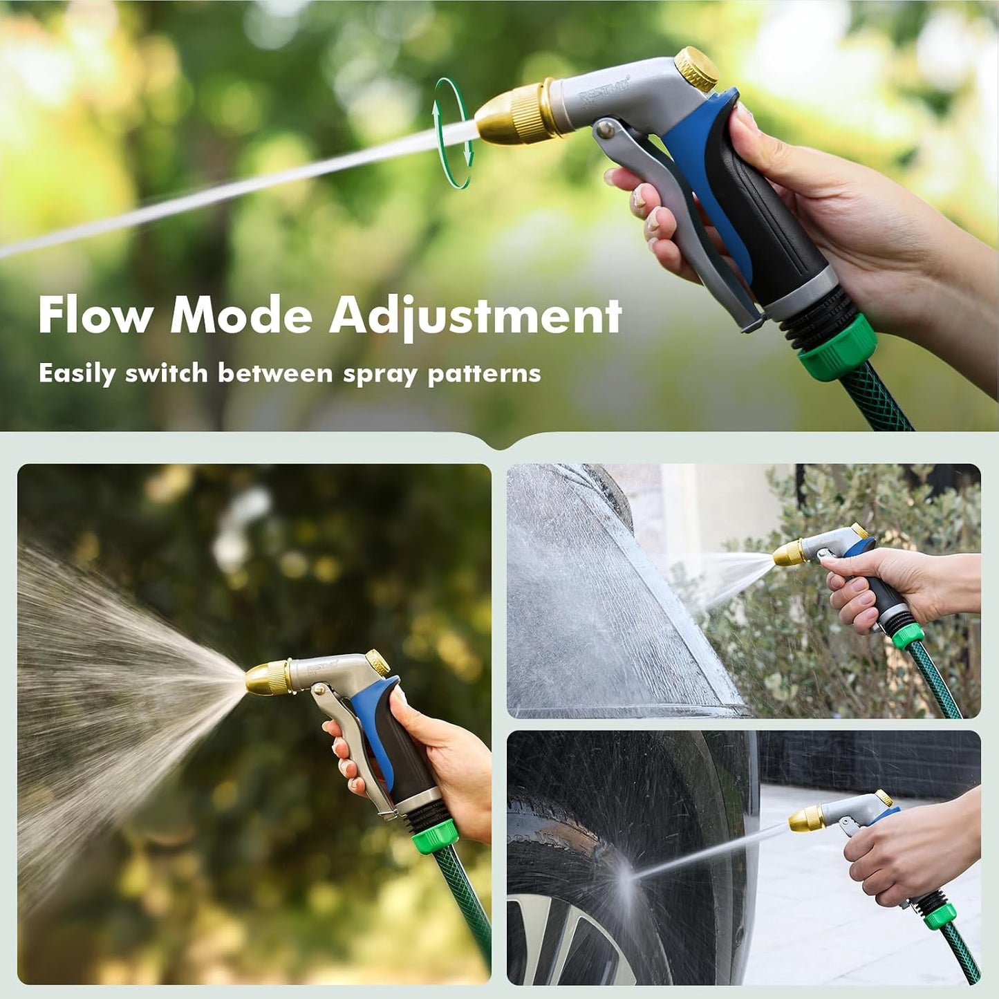 RESTMO Metal Water Hose Nozzle, Heavy Duty Garden Hose Sprayer for Outdoor | Adjustable Brass Spray Head, 4 Watering Patterns, Jet | Mist | Cone | Full, Leak-proof, Ideal for Lawn & Plant & Car, Green