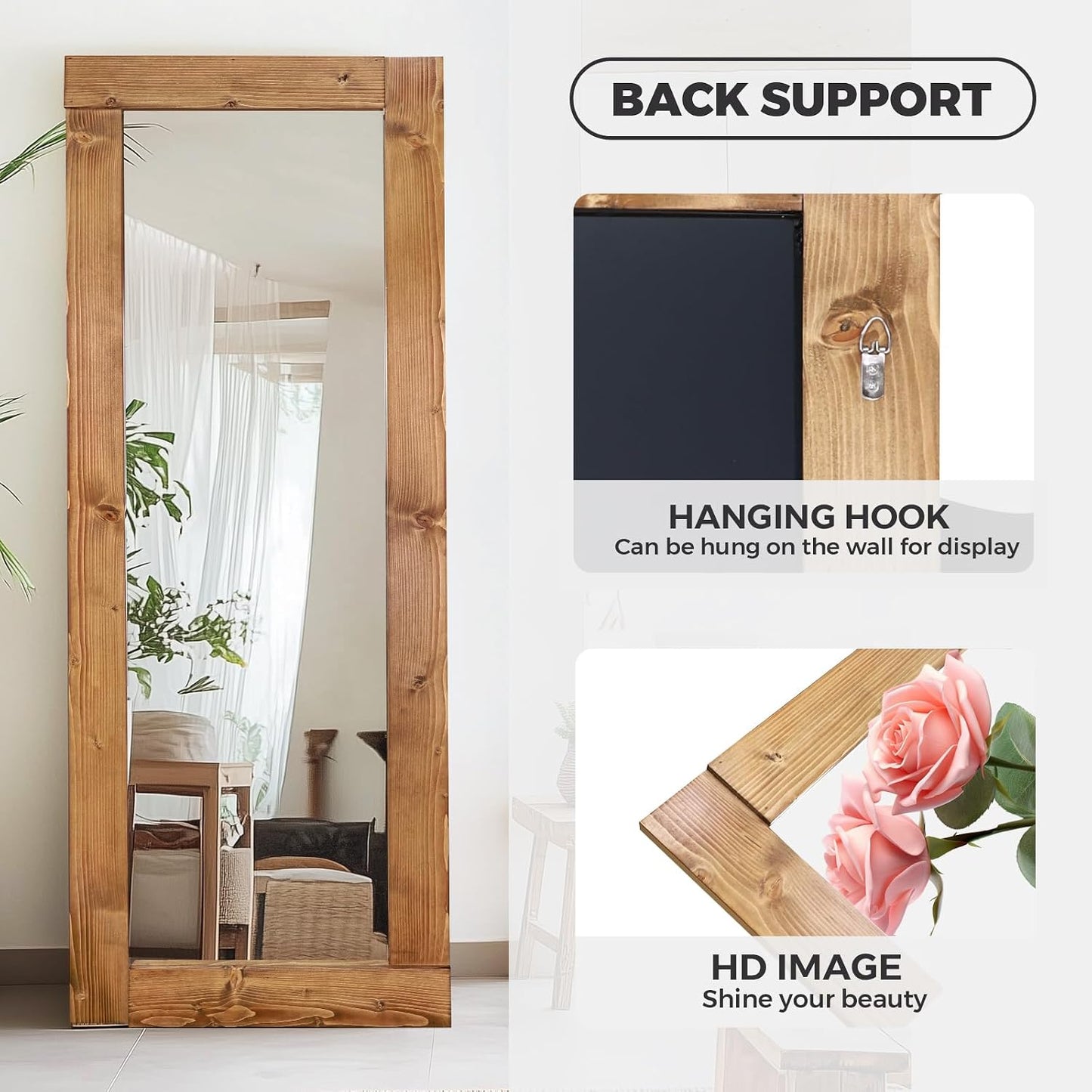 Solid Wood Full Length Mirror - 65"x22" Arched Floor Mirror, Free Standing & Wall Mounted - Elegant Design for Bedroom, Dressing Room, Hallway, Brown