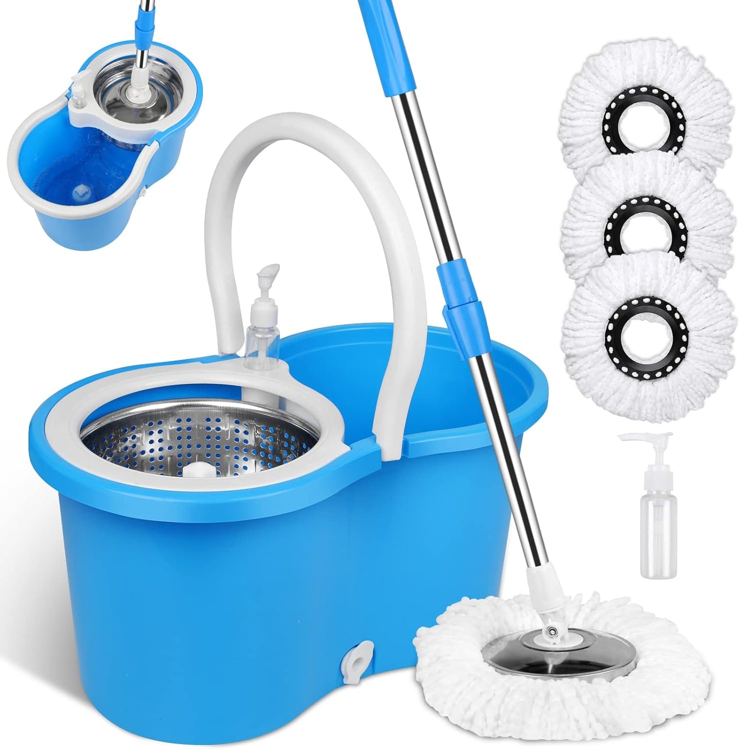 Spin Mop and Bucket with Wringer Set, 360° Spinning Mop Bucket System with 3 Microfiber Mop Replacement Heads, Adjustable Handle for Floor Cleaning (Green)
