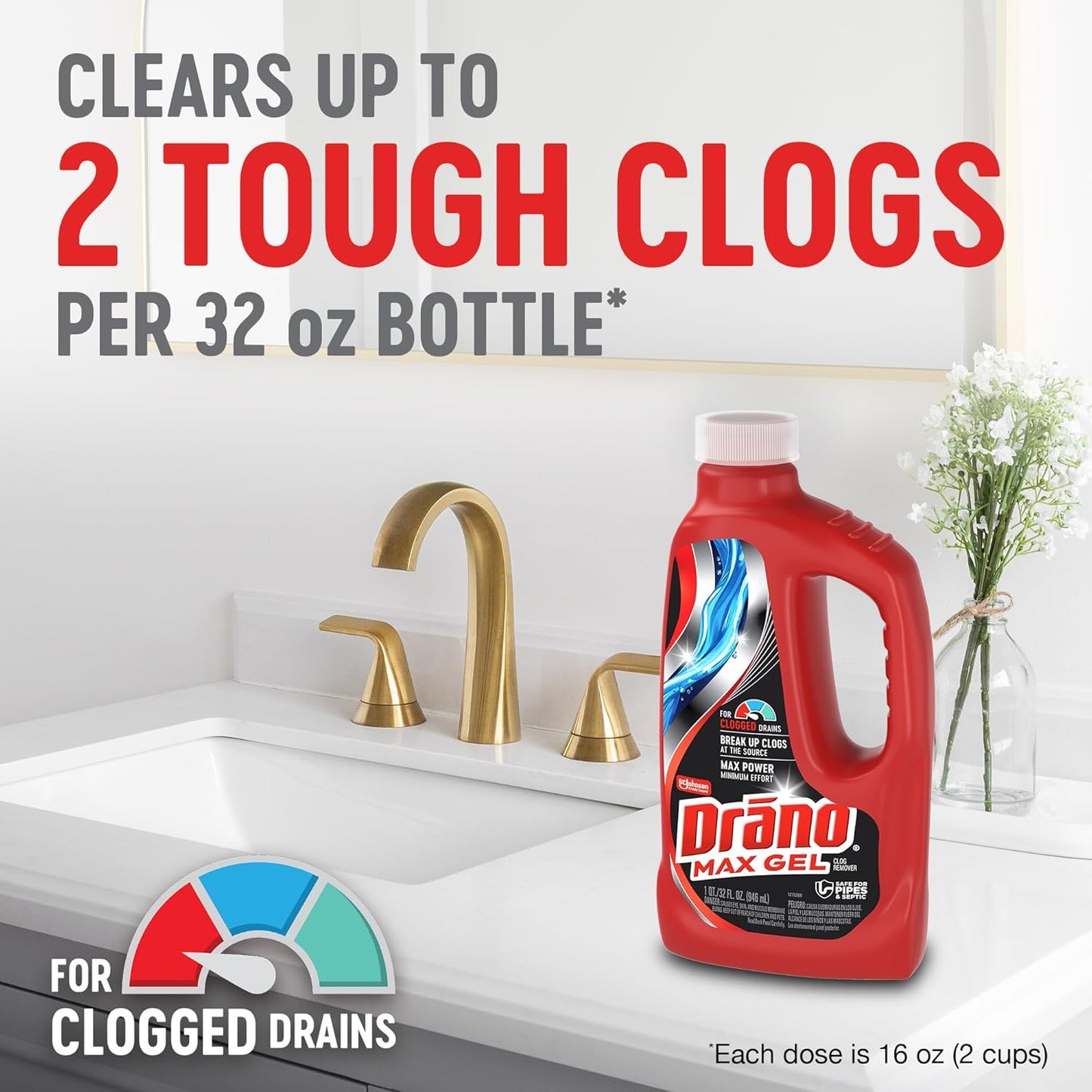 Drano Max Gel Drain Clog Remover & Cleaner, Fast-Acting to Unclog Standing Water & Remove Hair, Grease & Food Blockages, Safe for all Pipes & Septic, Kitchen Sinks, Bathroom Showers & Tubs, 32 Oz