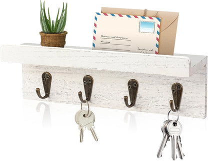 HRONRAD Rustic Key Holder for Wall, Farmhouse Wall Shelf with 4 Hooks, Wall Mounted Key Racks, Wooden Mail Organizer with Hooks for Entryway (Brown)