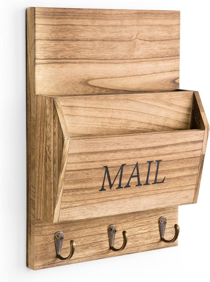 DLQuarts Mail Organizer with Key Holder for Wall, Mail Sorter Wall Mounted, Decorative Wooden Key and Mail Holder with 3 Hooks, Black