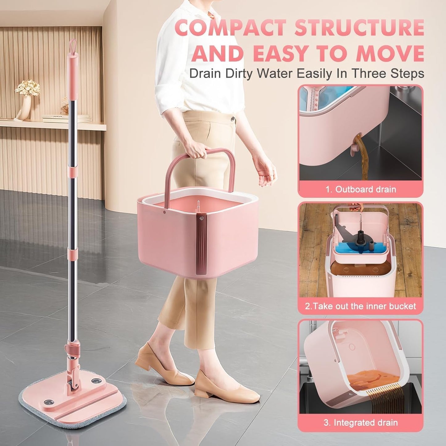 Spin Mop and Bucket Set with 2 Replaceable Microfiber Mop Pads with Self Separation Dirty and Clean Water System, Self Wringing 360° Rotating Square Mop Head for Hardwood Tile Marble Floors