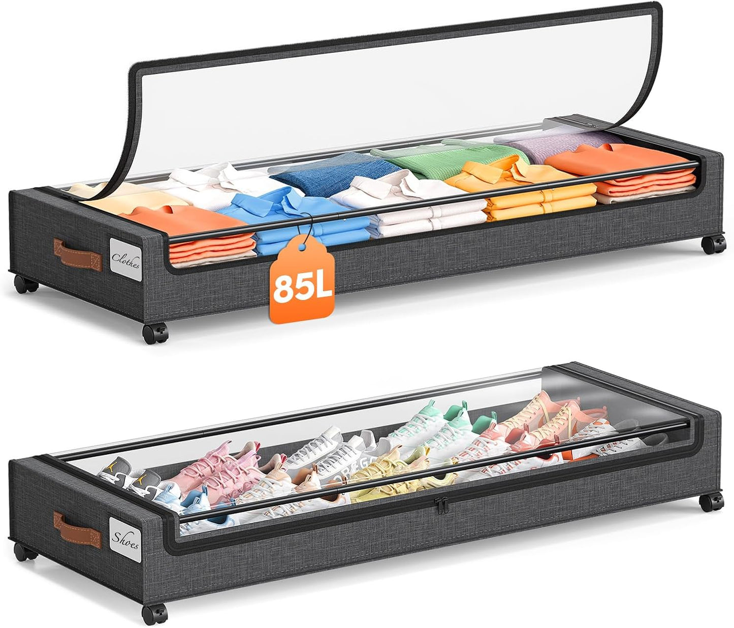Yecaye Under Bed Storage with Wheels, 2 Pack Under Bed Storage Containers, 60L Underbed Shoe Storage with Clear Window & Label, Rolling Under Bed Metal Drawer for Clothes, Shoes, Books, Blankets