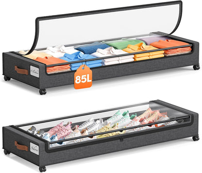 Yecaye Under Bed Storage with Wheels, 2 Pack Under Bed Storage Containers, 60L Underbed Shoe Storage with Clear Window & Label, Rolling Under Bed Metal Drawer for Clothes, Shoes, Books, Blankets
