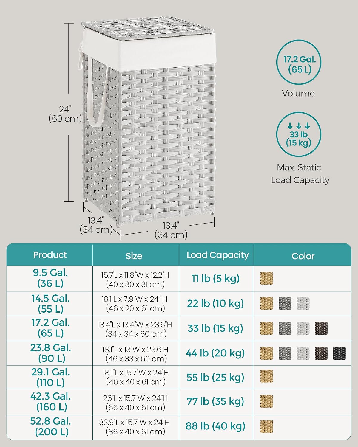 SONGMICS Laundry Hamper with Lid, 23.8 Gallon (90 L) Synthetic Rattan Clothes Laundry Basket with Lid and Handles, Foldable, Removable Liner, Chestnut Brown ULCB051K02