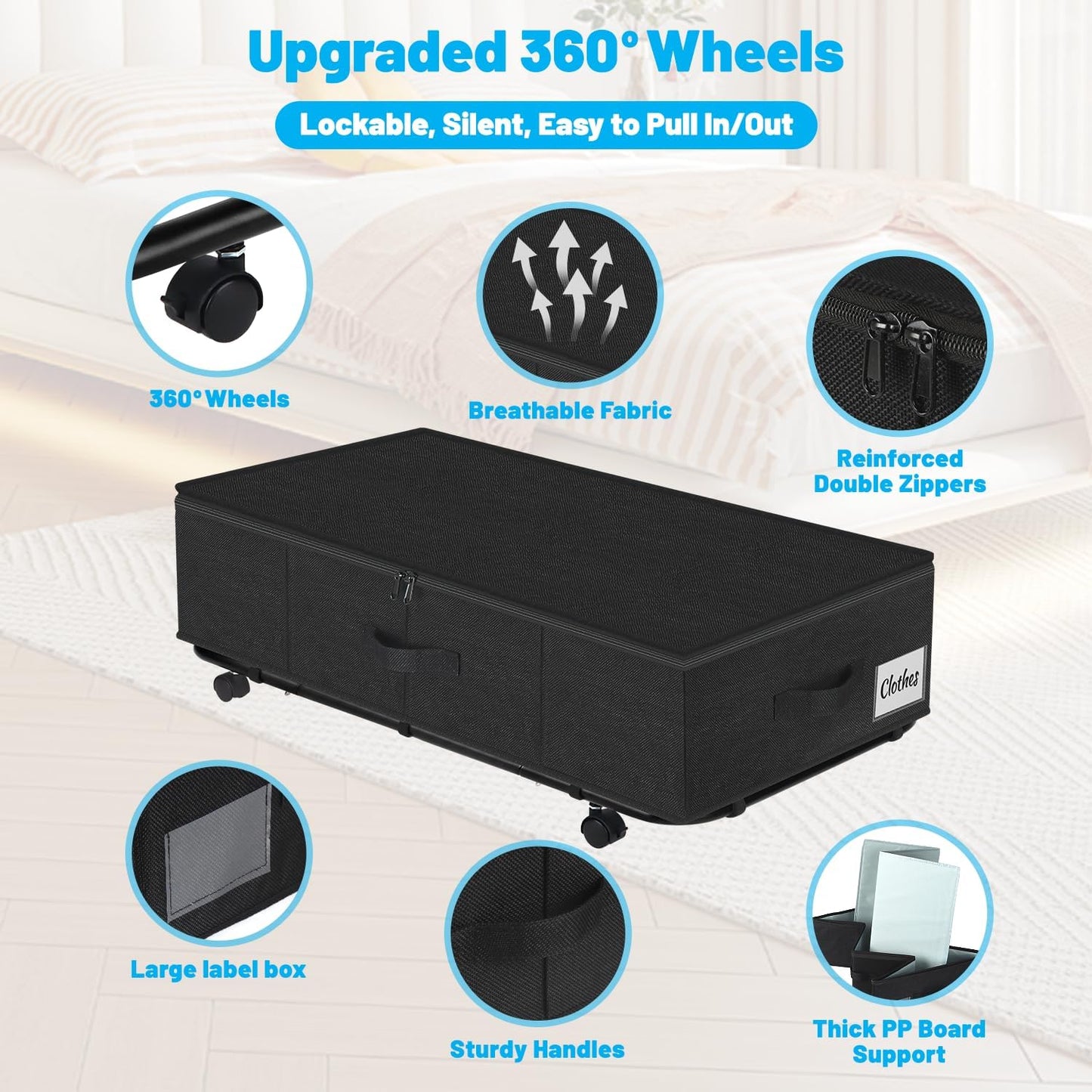 Under Bed Storage with Wheels, 2-Pack 10" Height XXL 75L Rolling Storage Bins, Quick Assembly Underbed Shoe Storage Containers with Clear Lid & Label, Dorm Under Bed Drawers for Clothes, Shoes, Black