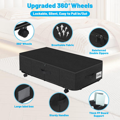 Under Bed Storage with Wheels, 2-Pack 10" Height XXL 75L Rolling Storage Bins, Quick Assembly Underbed Shoe Storage Containers with Clear Lid & Label, Dorm Under Bed Drawers for Clothes, Shoes, Black