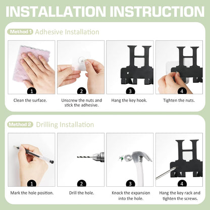 Key Holder Wall Mount, Adhesive Metal Key Hanger with 6 Double Hooks, 2 Installation Methods, Black